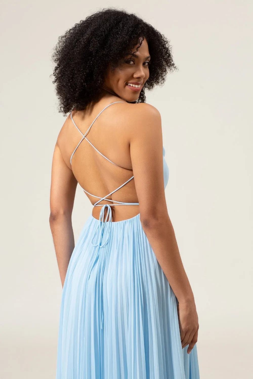 Sky Blue A-Line Cowl Neck Pleated Open Back Chiffon Bridesmaid Dress sold by Wedtrend product image thumbnail 5