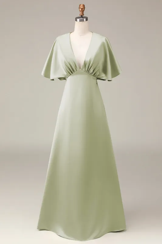 Dusty Sage A-Line V-Neck Satin Bridesmaid Dress With Short Sleeves sold by Wedtrend