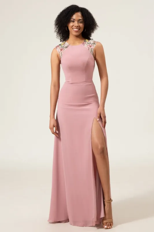 Dusty Rose A-Line Round Neck Maxi Chiffon Bridesmaid Dress With Embroidery sold by Wedtrend