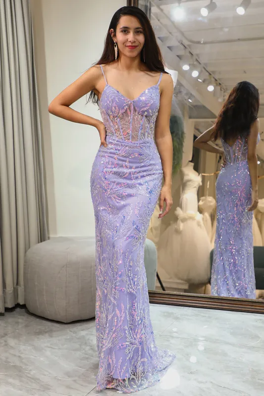 Glitter Lilac Mermaid Spaghetti Straps Corset Prom Dress With Appliques sold by Wedtrend