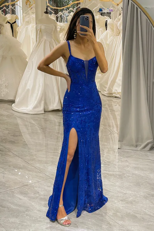 Royal Blue Mermaid Sparkly Long Corset Prom Dress With Slit sold by Wedtrend