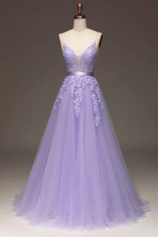 Purple A-Line Spaghetti Straps Beaded and Tulle Prom Dress with Appliques made by Wedtrend