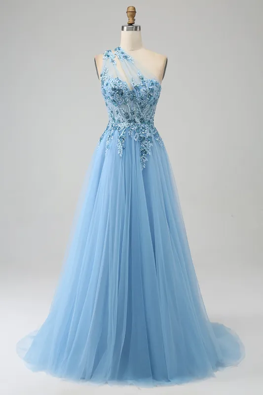 Light Blue A-Line One Shoulder Sequin Prom Dress with Appliques made by Wedtrend