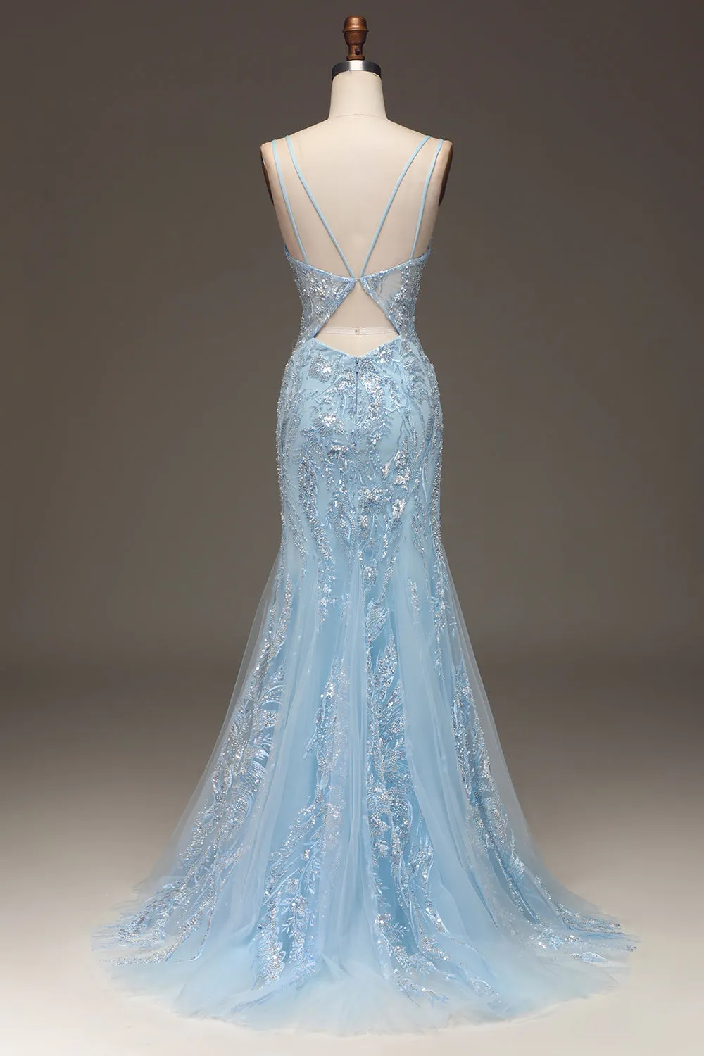 Blue Mermaid Spaghetti Straps Tulle Beaded Long Prom Dress with Slit sold by Wedtrend product image thumbnail 2