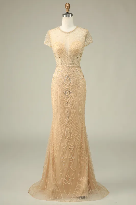 Luxurious Champagne Mermaid Jewel Neck Prom Dress with Beading sold by Wedtrend