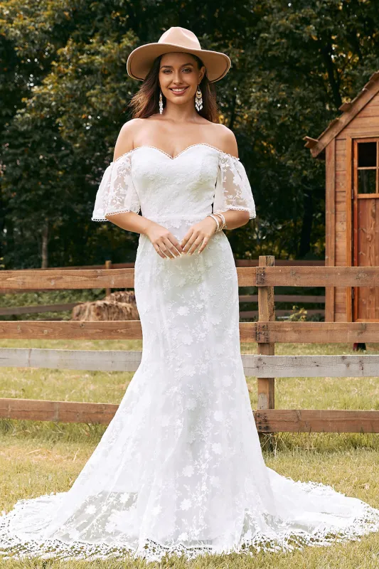 Ivory Mermaid Sweep Train Lace Wedding Dress sold by Wedtrend