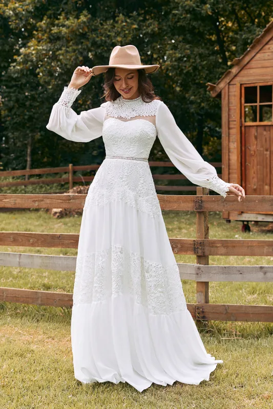 Ivory A Line Round Neck Long Sleeves Boho Wedding Dress with Lace sold by Wedtrend