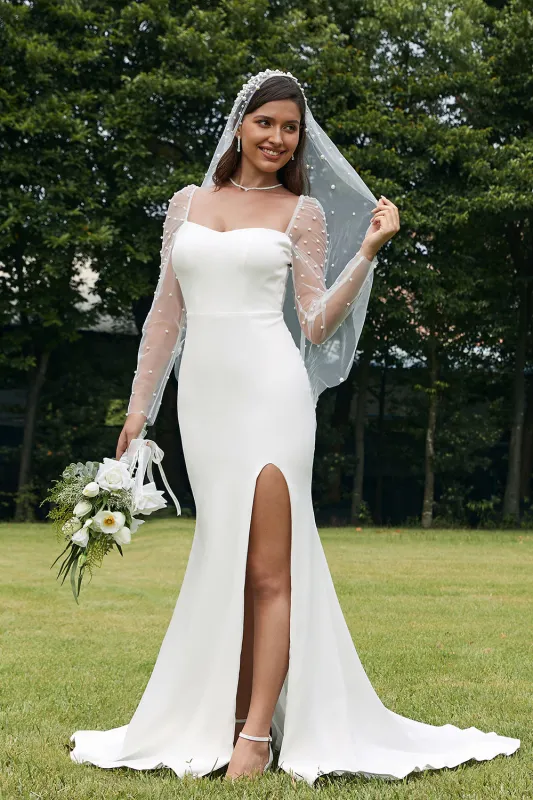 Ivory Mermaid Square Neck Stretch Satin Long Sleeves Wedding Dress With Slit made by Wedtrend