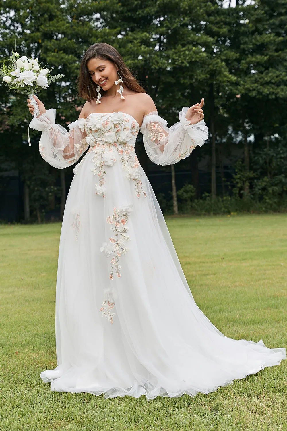 Ivory A Line Sweetheart Floral Wedding Dress with Appliqued Embroidery sold by Wedtrend product image thumbnail 3