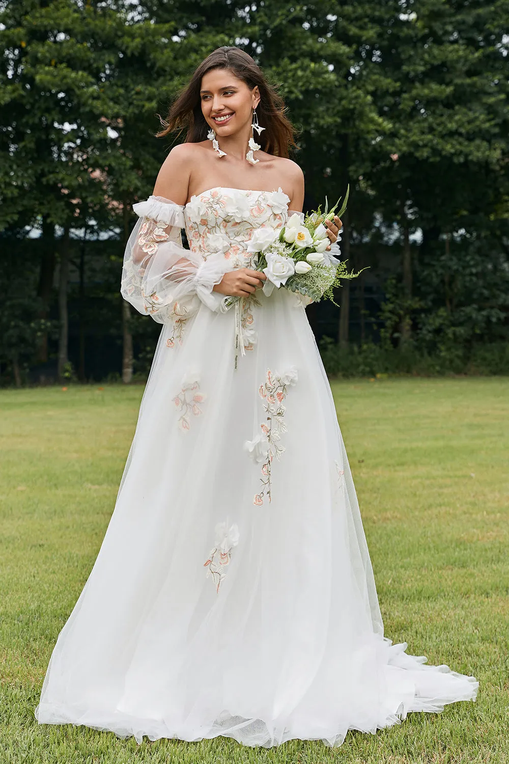 Ivory A Line Sweetheart Floral Wedding Dress with Appliqued Embroidery sold by Wedtrend