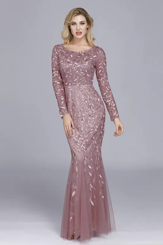 Dusty Rose Mermaid Boat Neck Evening Dress with Appliques made by Wedtrend