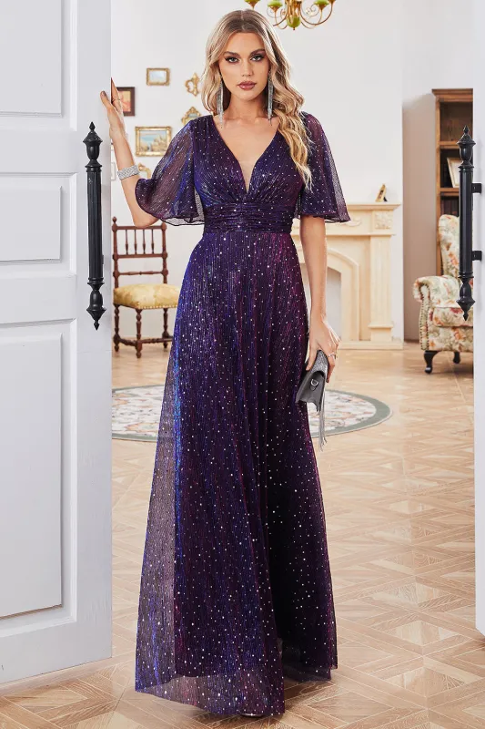 Sparkly A Line V-Neck Purple Party Dress with Short Sleeves made by Wedtrend