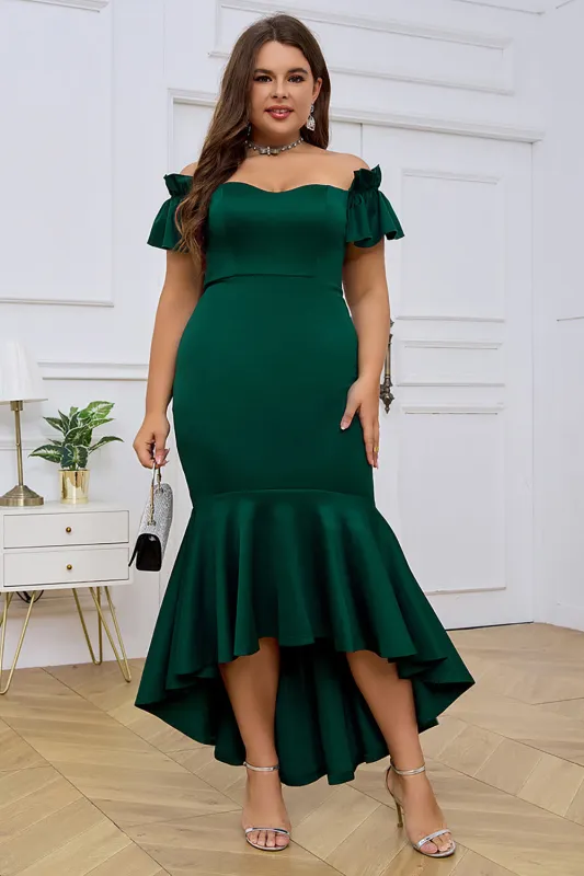 Dark Green Mermaid Off the Shoulder Short Sleeves Plus Size Evening Dress With Ruffles made by Wedtrend