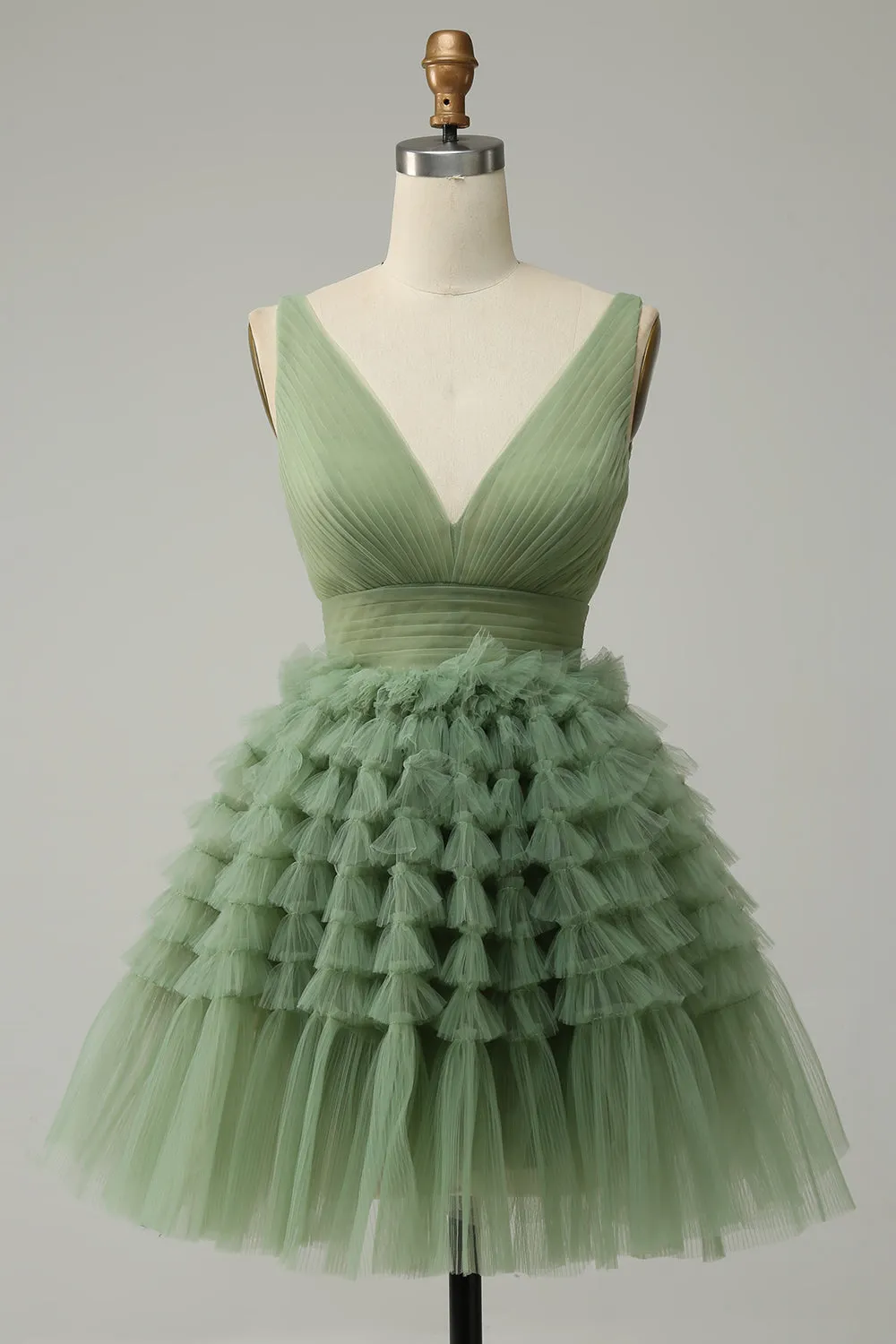 Green A Line V-Neck Short Tulle Homecoming Dress With Open Back sold by Wedtrend