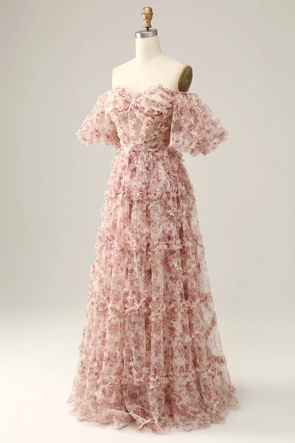 White Red Flower Princess A Line Off The Shoulder Corset Long Prom Dress sold by Wedtrend product image thumbnail 3