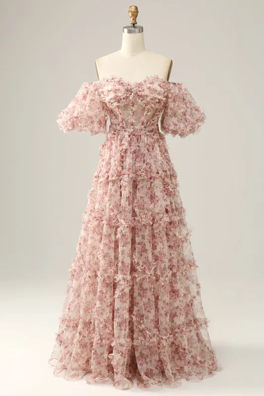 White Red Flower Princess A Line Off The Shoulder Corset Long Prom Dress sold by Wedtrend