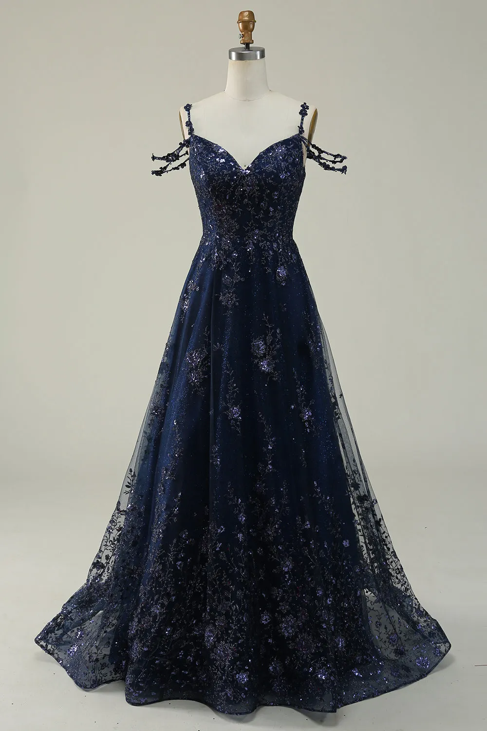 Navy A Line Cold Shoulder Long Prom Dress With Appliques sold by Wedtrend