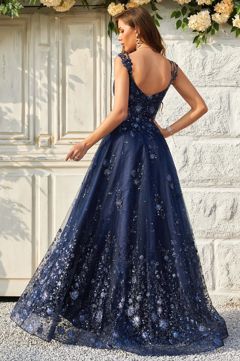 Navy A Line Cold Shoulder Long Prom Dress With Appliques sold by Wedtrend product image thumbnail 4