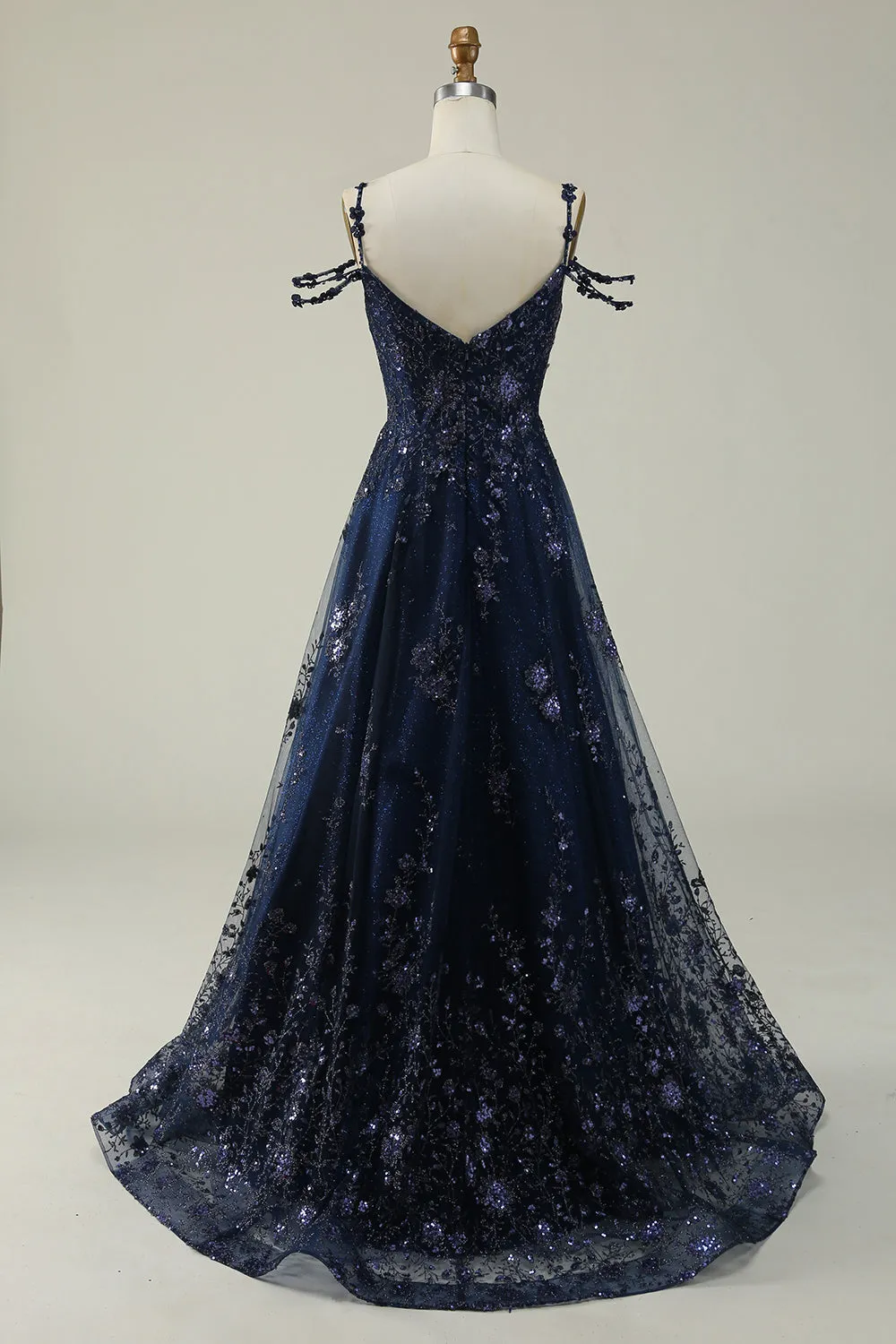 Navy A Line Cold Shoulder Long Prom Dress With Appliques sold by Wedtrend product image thumbnail 2