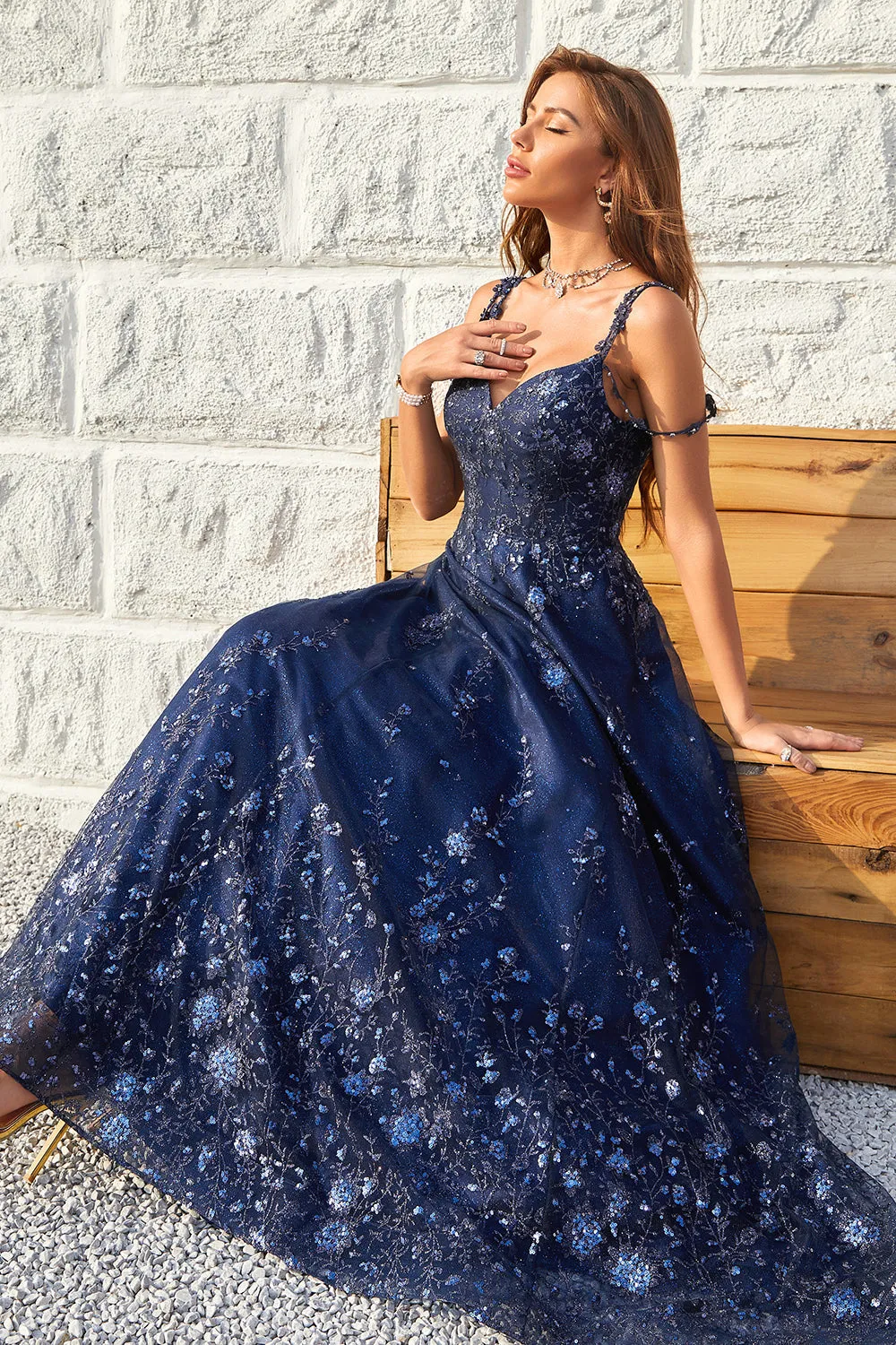 Navy A Line Cold Shoulder Long Prom Dress With Appliques sold by Wedtrend product image thumbnail 5
