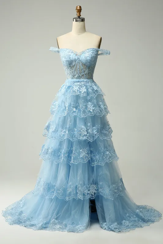 Princess A Line Off the Shoulder Blue Long Corset Prom Dress with Slit made by Wedtrend