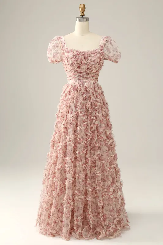 Ivory Red Flower A Line Square Neck Tulle Long Prom Dress sold by Wedtrend