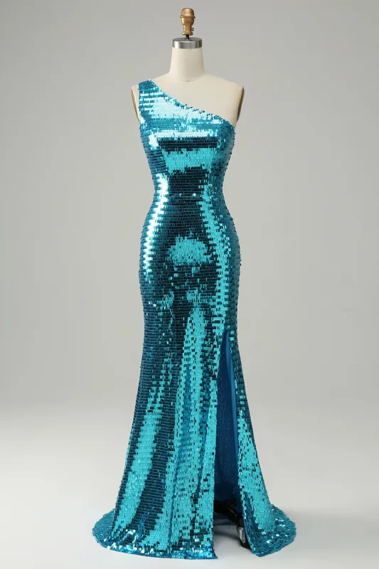 Sparkly Blue Sequins One Shoulder Long Prom Dress with Slit sold by Wedtrend