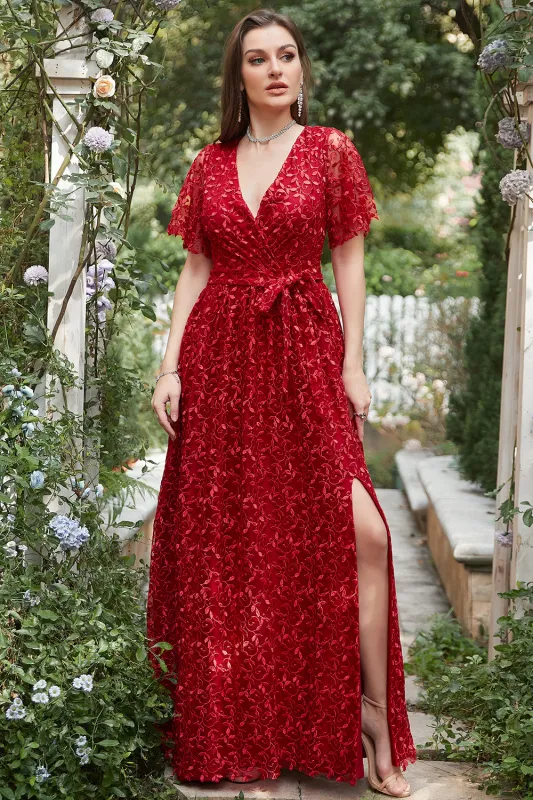Red A Line V Neck Short Sleeve Split Front Floor Length Dress with Belt made by Wedtrend