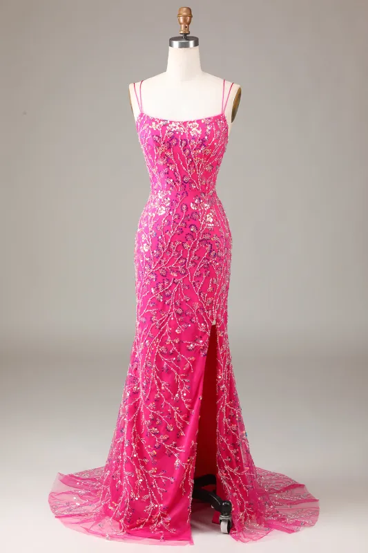 Sparkly Fuchsia Sheath Spaghetti Straps Sequins Prom Dress with Split Front sold by Wedtrend