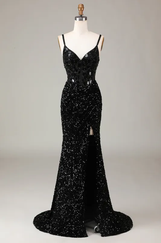 Black Sheath Spaghetti Straps Sparkly Sequins Prom Dress with Split Front sold by Wedtrend