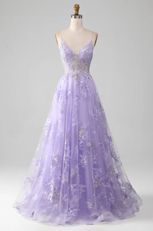 Purple A Line Spaghetti Straps Sparkly Prom Dress With Beading made by Wedtrend