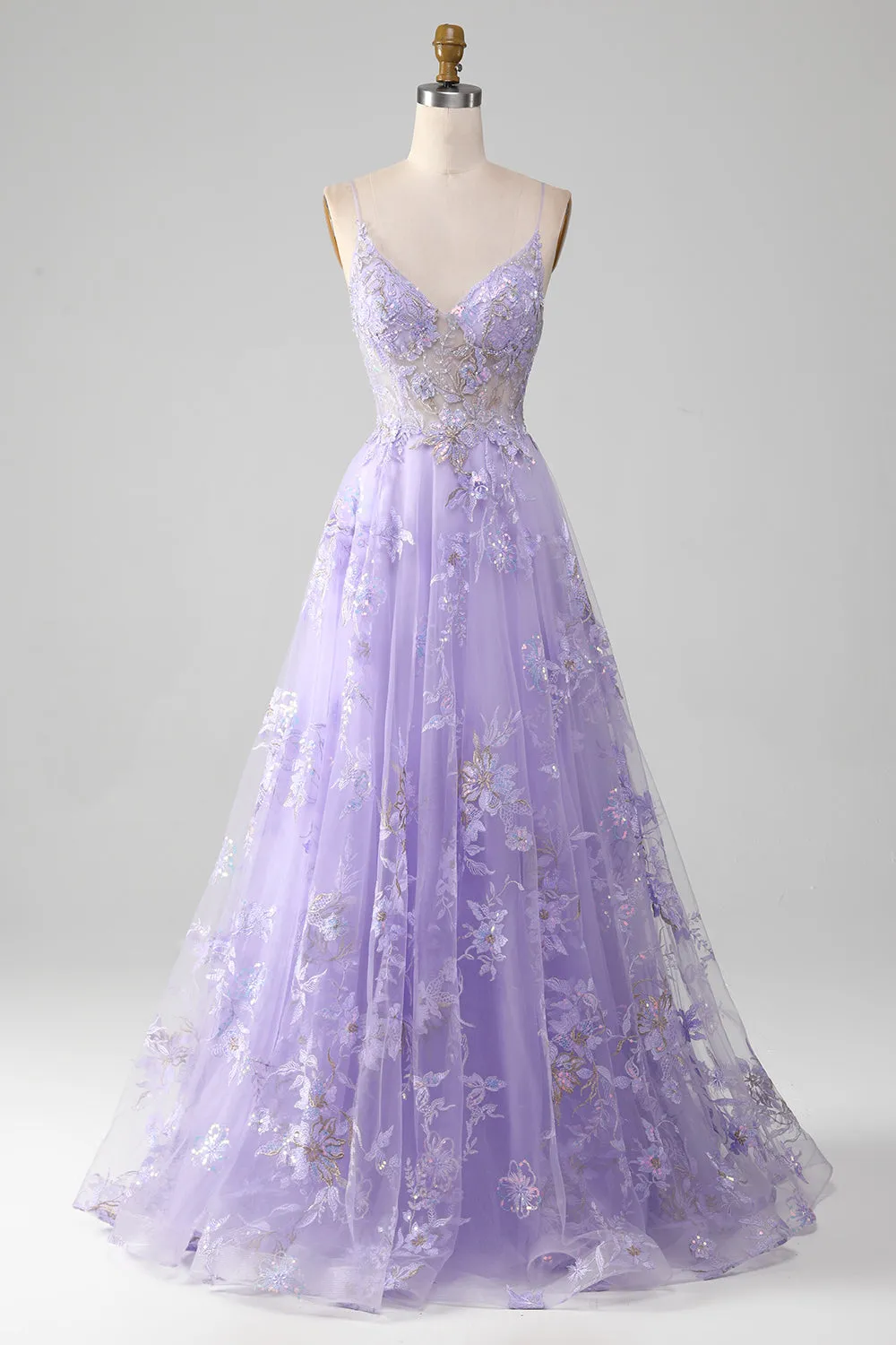 Purple A Line Spaghetti Straps Sparkly Prom Dress With Beading sold by Wedtrend