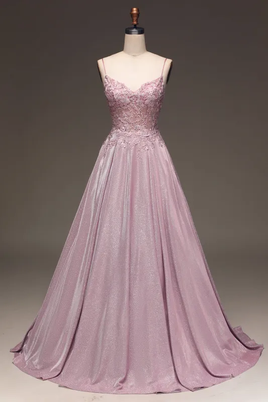 Sparkly Blush A Line Beaded Applique Long Prom Dress With Pocket made by Wedtrend