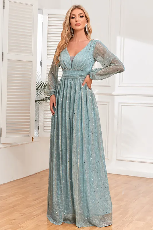 Chic Blue A-Line Sequins Formal Dress with Long Sleeves sold by Wedtrend