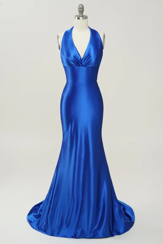 Royal Blue Mermaid Halter Lace Up Prom Dress With Backless made by Wedtrend