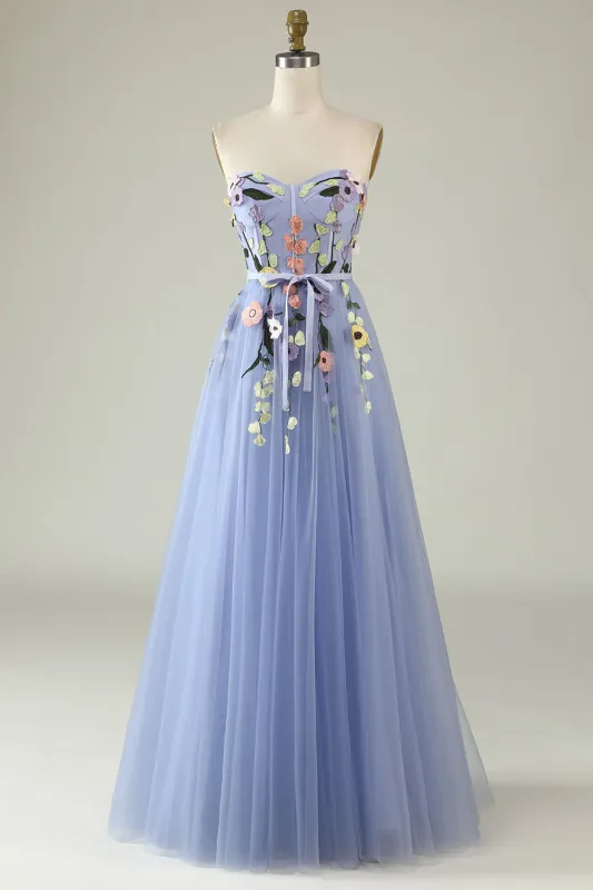 Lavender A Line Sweetheart Tulle Long Prom Dress with Appliques sold by Wedtrend