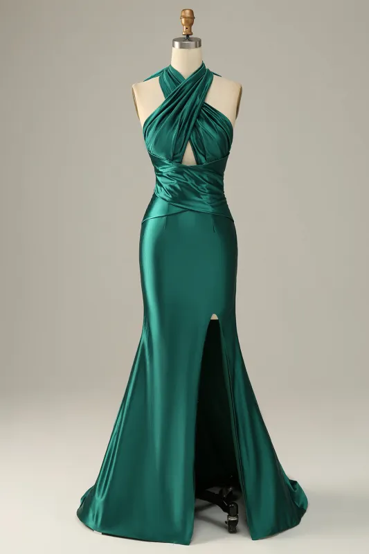 Dark Green Halter Lace Up Mermaid Prom Dress With Slit made by Wedtrend