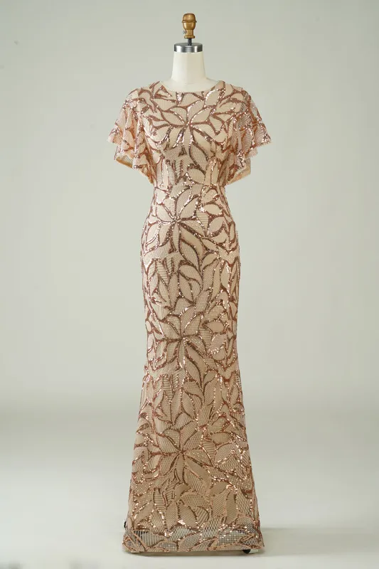 Champagne Mermaid Sequins Long Mother of the Bride Dress with Slit Back sold by Wedtrend