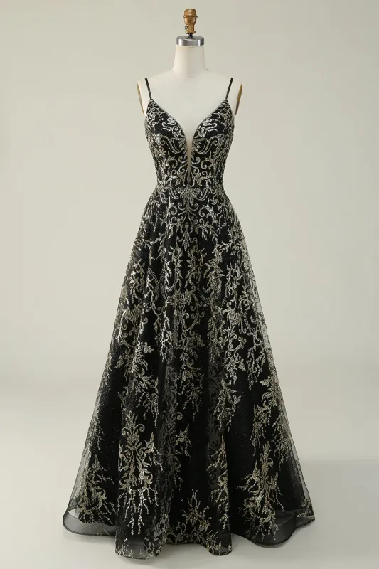 Black Golden A Line Spaghetti Straps Long Prom Dress made by Wedtrend