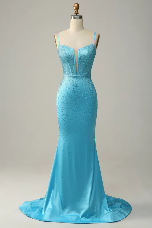 Blue Mermaid Spaghetti Straps Beaded Prom Dress made by Wedtrend