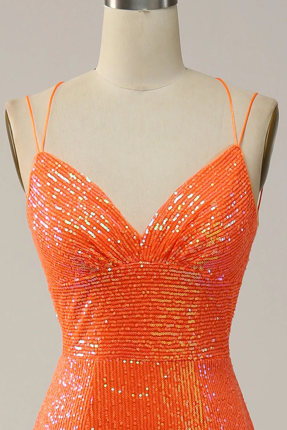 Orange Spaghetti Straps Sequins Mermaid Prom Dress with Split Front sold by Wedtrend product image thumbnail 4