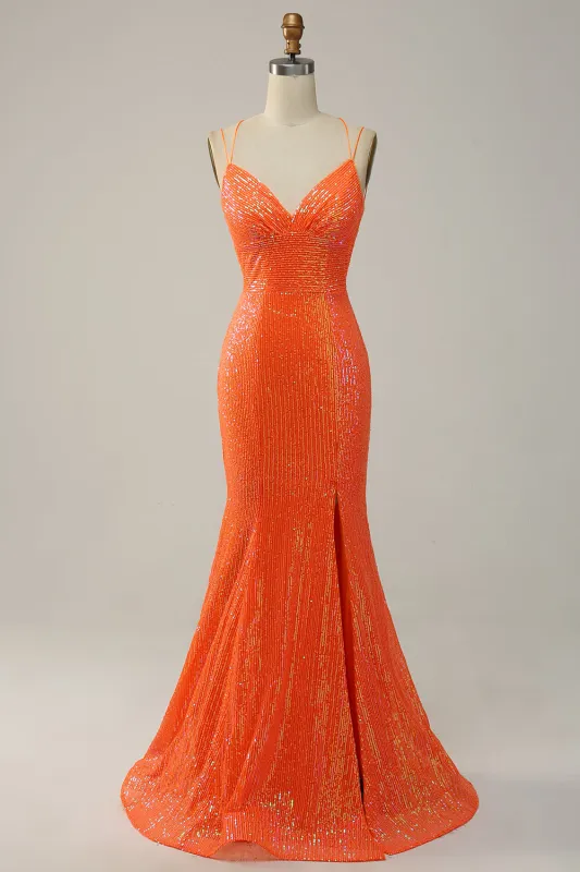 Orange Spaghetti Straps Sequins Mermaid Prom Dress with Split Front made by Wedtrend