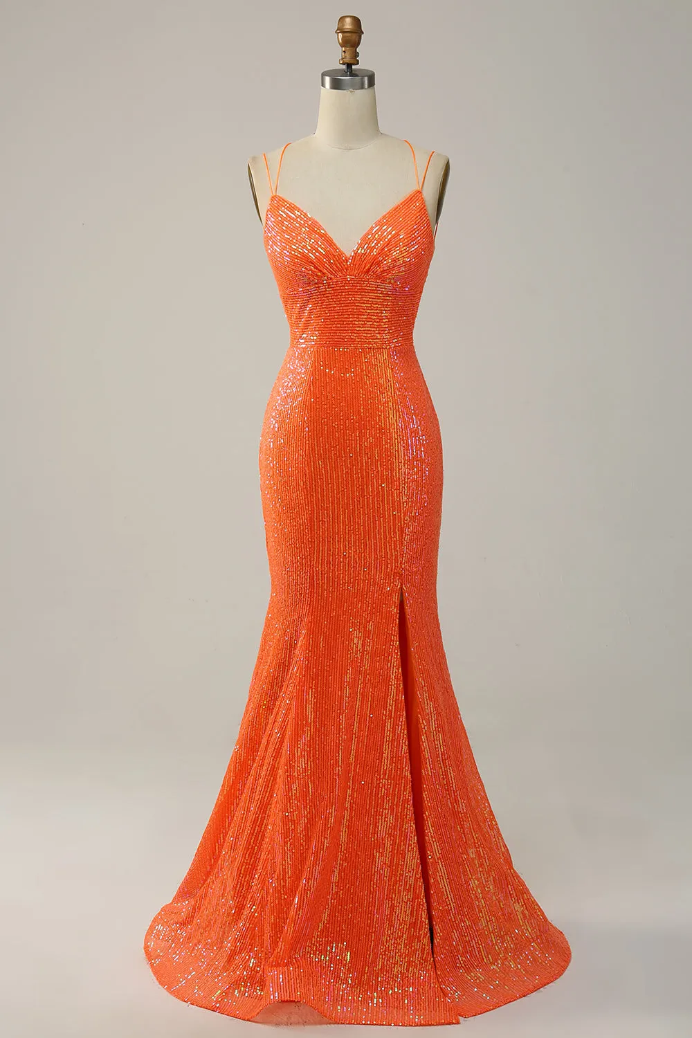 Orange Spaghetti Straps Sequins Mermaid Prom Dress with Split Front sold by Wedtrend