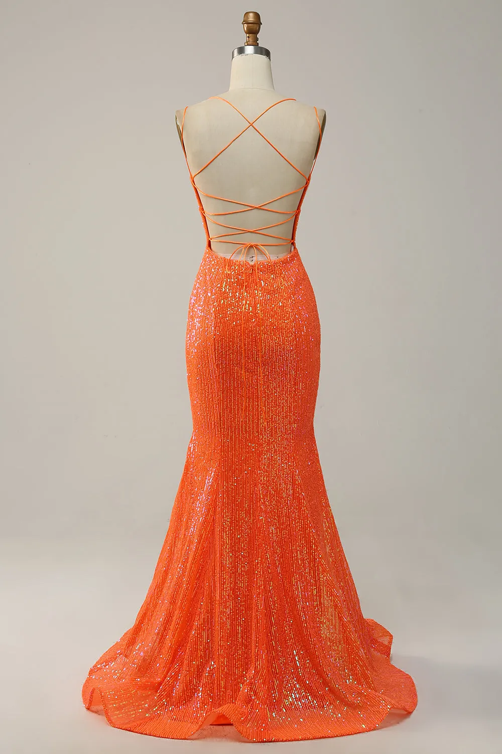Orange Spaghetti Straps Sequins Mermaid Prom Dress with Split Front sold by Wedtrend product image thumbnail 2