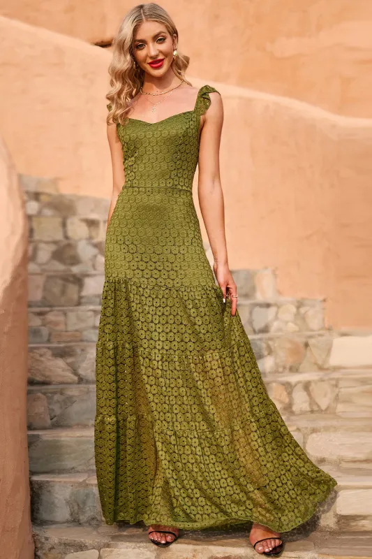 Army Green Spaghetti Straps Lace Summer Maxi Dress sold by Wedtrend
