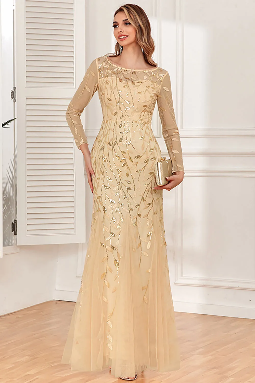 Gold Mermaid Sequins Tulle Evening Dress With Long Sleeves sold by Wedtrend product image thumbnail 3