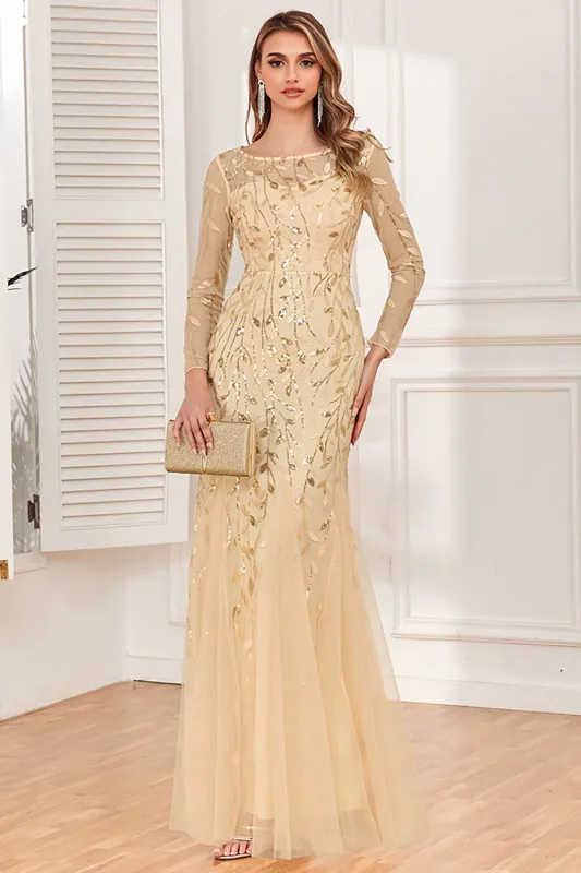Gold Mermaid Sequins Tulle Evening Dress With Long Sleeves made by Wedtrend