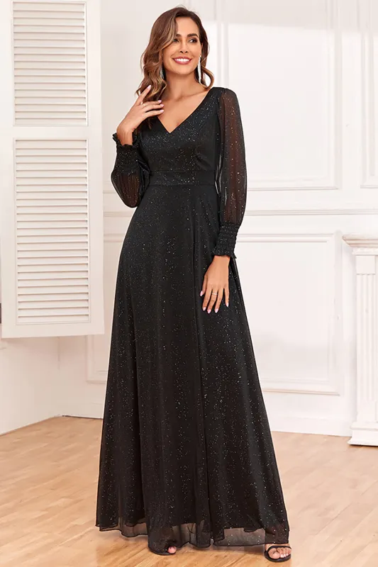 Black A Line V Neck Chiffon Evening Dress With Long Sleeves made by Wedtrend