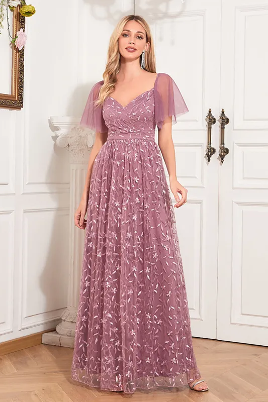 Dusty Rose A Line Sweetheart Sequins Lace Evening Dress With Short Sleeves sold by Wedtrend
