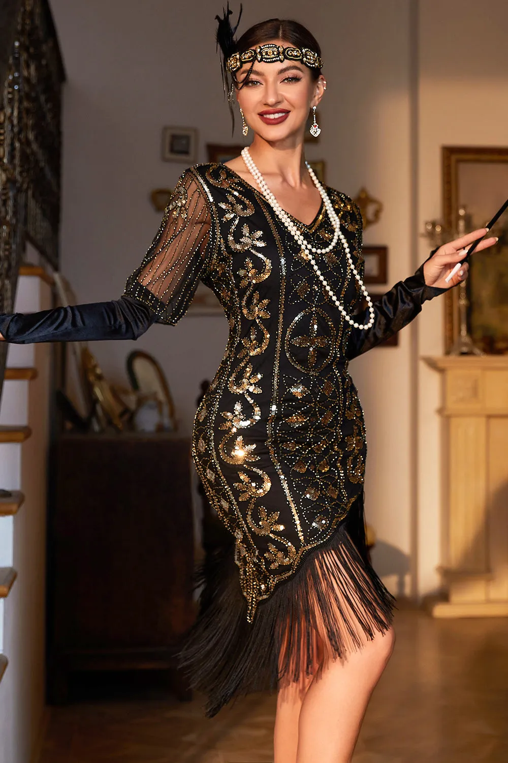 Black Golden V-Neck Sequin Fringed Flapper Dress sold by Wedtrend product image thumbnail 4